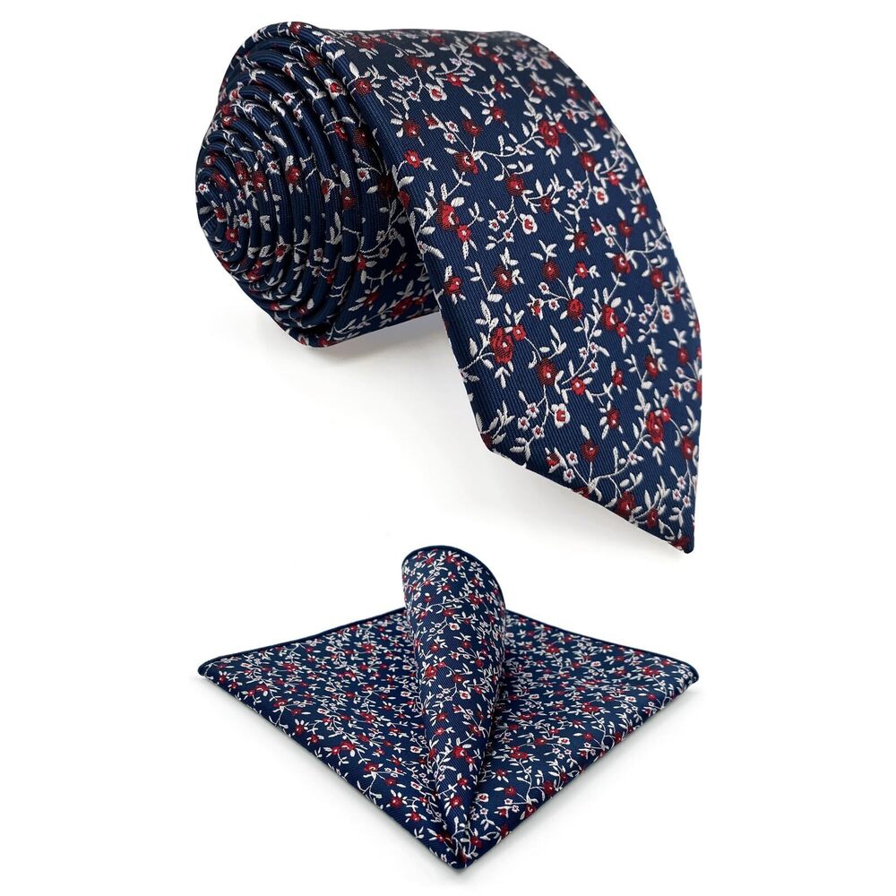 9966 Floral Tie and Pocket Square Set Blue White Red for Party Prom Wedding